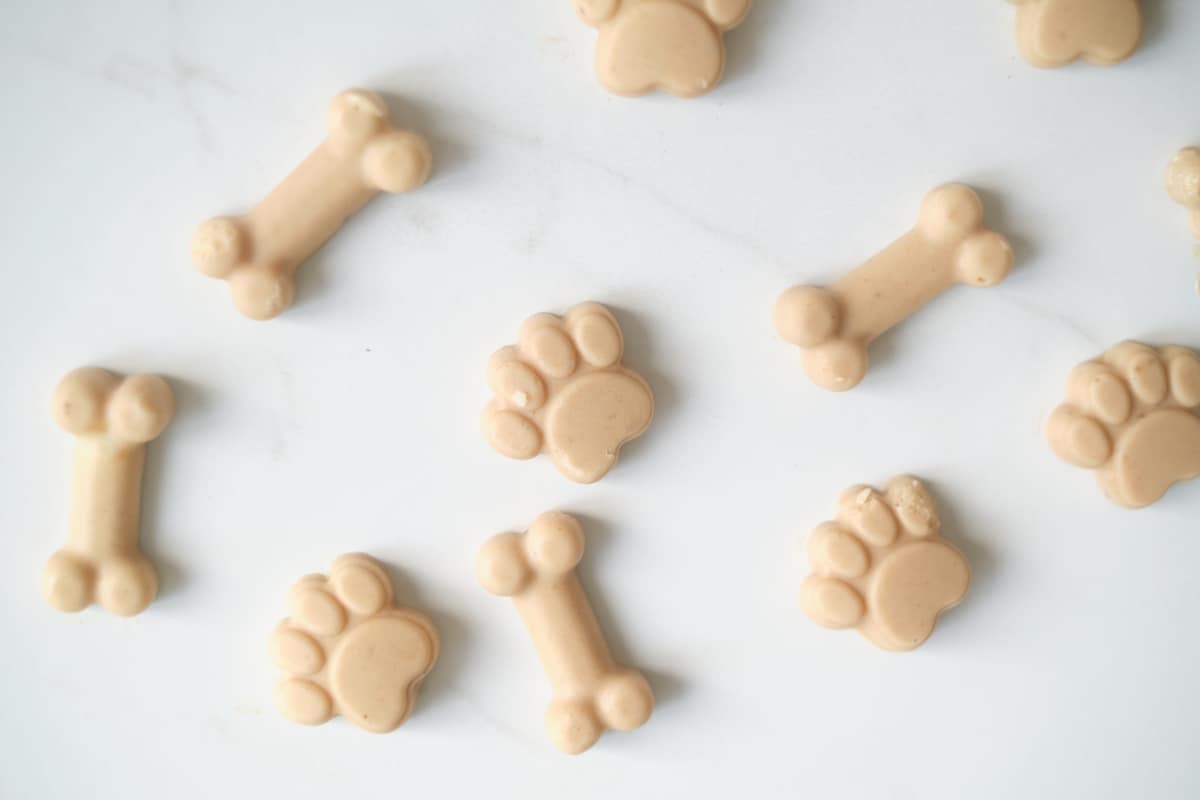frozen kefir dog treats paw and bone shapes.