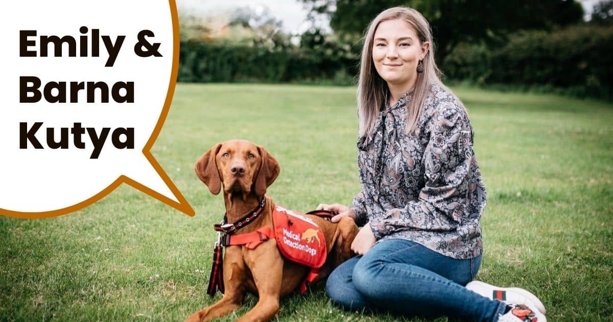 Emily and Barna Medical Assistance Dog with Text Overlay Emily and Barna Kutya.