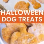 pumpkin shaped dog biscuits with text Halloween dog treats.