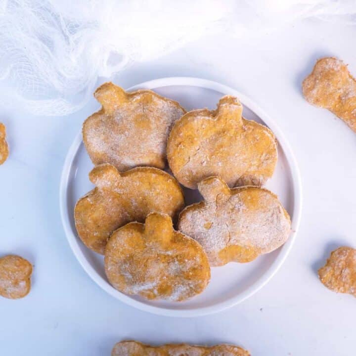 baked homemade halloween dog treats in white bowl.