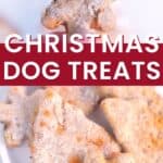 baked dog biscuits with text Christmas dog treats.