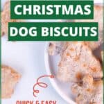 dog cookies with text overlay cheesy bacon Christmas dog biscuits.